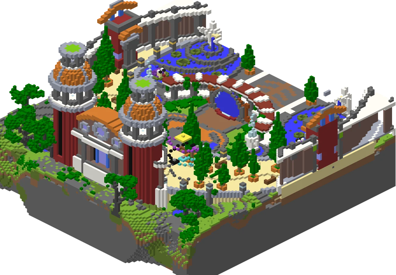 El lobby: Galería con los 9 jefes, torre de parkour y los portales a cada modo.
